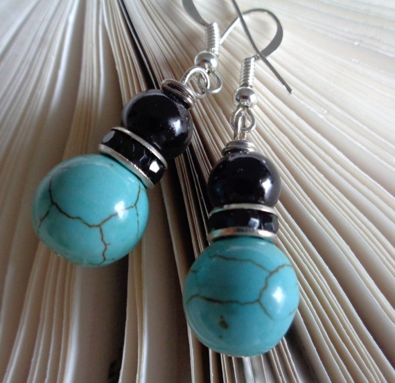 Black Teal Howlite Earring Set - Teal Stacked Earrings - Turquoise Black Earrings - Black Teal Drop Earrings -Short Earrings, by lanesamarie