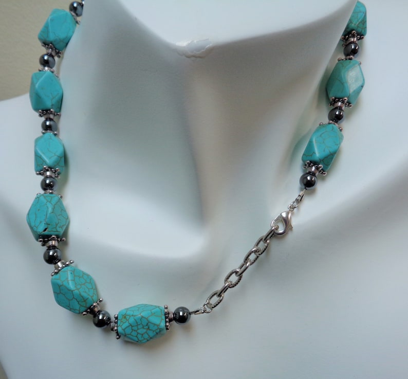 by lanesamarie Turquoise and Black Jewelry set Geometric Black Hematite /& Howlite Necklace Earring Set Non Magnetic Hematite Jewelry Set