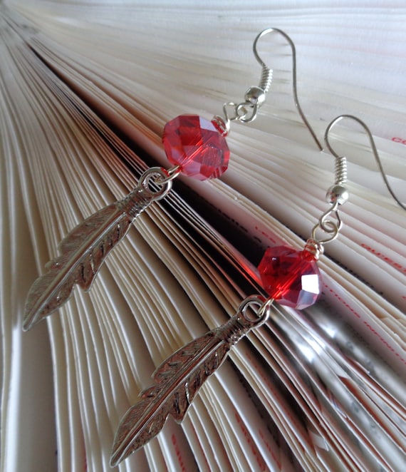 Boho Chic Feather Earrings – Handmade Silver Charms with Faceted Red Gemstones For a Rustic and Elegant Looks/ Nature Inspired Feather