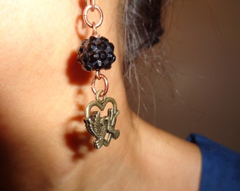 Kaki Love Bird Charm Black Shambala Dangled Earrings in Copper Fish Hook Findings, Love Birds Charm Earrings, Black Shambala Beads Earrings