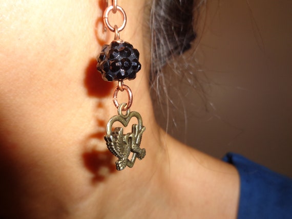 Mystical Meets Romantic – Black Shambala Disco Ball & Love Birds Charm Earrings – Handmade Jewelry with Sentimental Style by La Nesamarie
