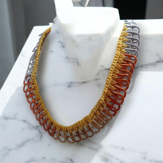 Gold Gray Recycled Pop Tabs Necklace, Two tones Gold Crocheted Soda Pull Tabs Necklace, Eco-friendly Soda Pop Tab Necklace, Gift for Her,