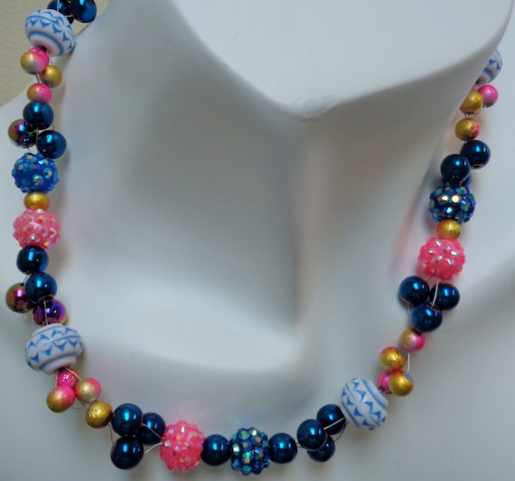 Sparkling Sea Carnival Splash Beaded Necklace and Earring Set -  Pink Blue Beaded Jewelry set - Multi-colored Jewelry Set - by lanesamarie