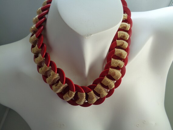 Stretchy Gold and Red Necklace, Sparkly Gold Ribbon Wood Necklace, Vegan Friendly, Eco friendly Boho, Red Wood Necklace, Wood Necklace,