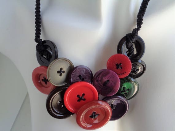 Chunky Bib Button Necklace, Shamballa Bib Button Necklace, Beaded Button Necklace, Bohemian Statement Bib Necklace, Fall Fashion Necklace