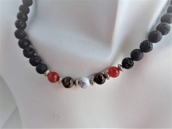 Black Lava Beads Stone Rock Necklace, Quality Gemstone Necklace, Red Agate Necklace, Women Accessories, Beaded Necklace, Bridal Necklace