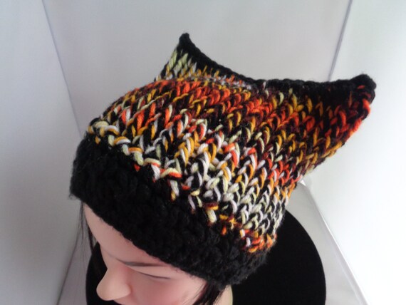 Tiger Pussy Cat Hat, Cat Lover Hat, Knit Crochet Pussy Cat Hat, Multi-colored Pussy cat hat, Unisex Pussy Cat Hat, Head Warmer, Skull dress