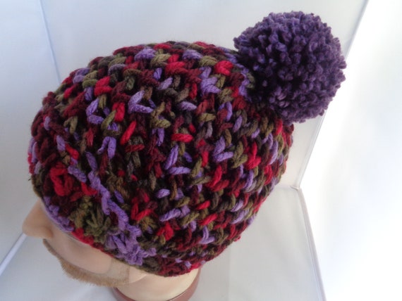 Unisex Vegan Winter Beanie Hat with Pompom, Mulberry Purple Crochet Head warmer, Winter Accessory, Cold Weather Slouchy Hat, Skull dress