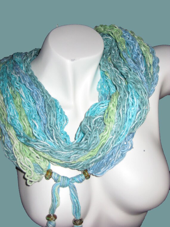 Pastel Multi strand Fingerknit Infinity Scarf - Multicolored Eternity Scarf -  Infinity Neck warmer with Lampwork beads - by lanesamarie