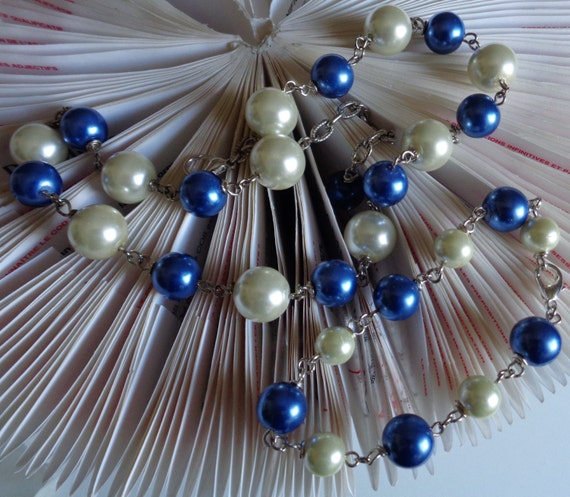 Blue Pearl Stacked Jewelry Set, Beige Pearl Glass Necklace, Cream Glass Bracelet, Stacked Earrings, Women Necklace, Bridesmaid Necklace