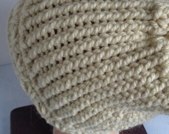Cream Beige Knitted Messy Bun Beanie: Unisex Ponytail Hat
