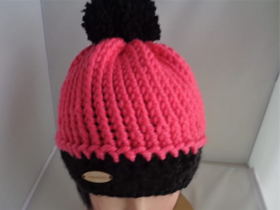 Black Coral Vegan Crochet  Hat with Pompom, Coral Knit Head Warmer, Crochet Slouchy Hat, Winter Accessory, Skull Dress, Coral Knitted Toque