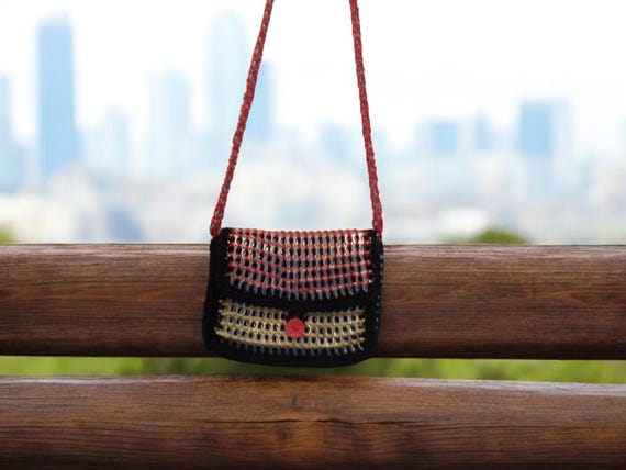 Upcycled Crochet Soda Can Tabs Purse—a Stylish, Handmade, and sustainable Crossbody with a Bold Red Strap, Perfect for Eco-Friendly Fashion!