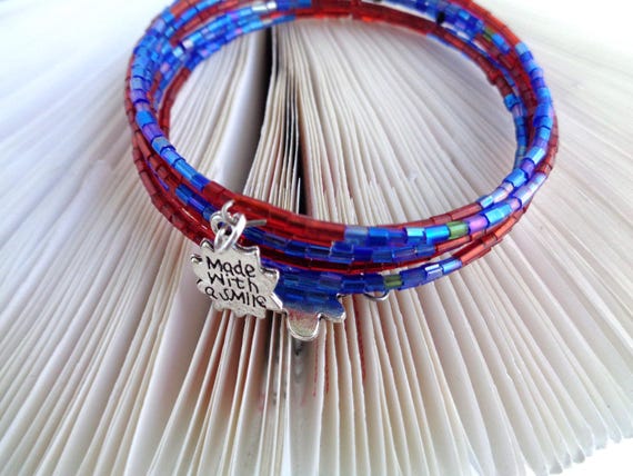 Made with a Smile Memory Bracelet | Blue -Red Seed Beads | Silver Bear & Sun Charms | Boho Friendship Jewelry | Gift for Her by La Nesamarie