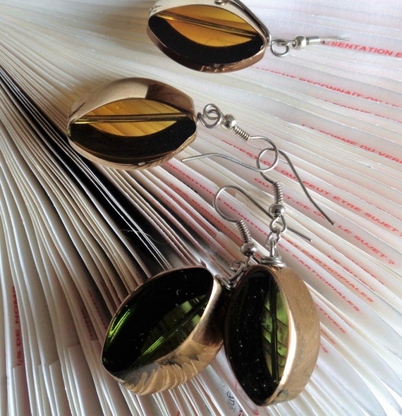 2 Handcrafter Lampworked Earrings Set in Green and Amber Hue,  Gift for her, Stunning Handmade Design with Unique Swirls by La Nesamarie
