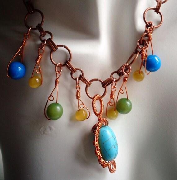Citrine Cat Eye Turquoise Statement Necklace, Moss Green Ocean Blue Metal Bid Beaded Necklace, Copper Chain Turquoise Wrapped Wire Pendant