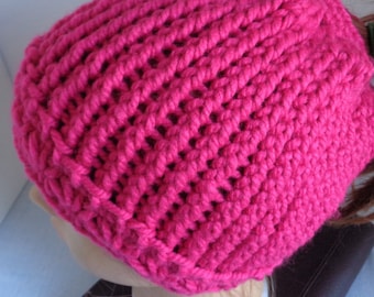 Neon Pink Crochet Ponytail Beanie: Messy Bun Knit Hat