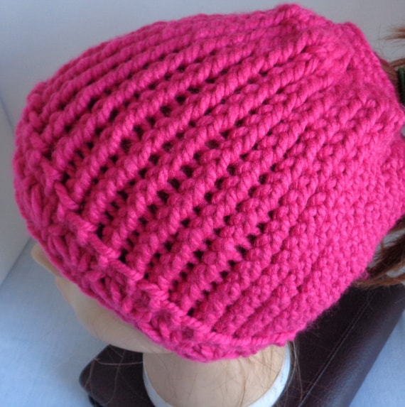 Hot Pink Messy Bun Hat, Ponytail Beanie Hat, Ponytail Knitted Hat, Crochet Ponytail Winter Hat, Messy Bun Knit Cap, Ponytail Hat Loomknit