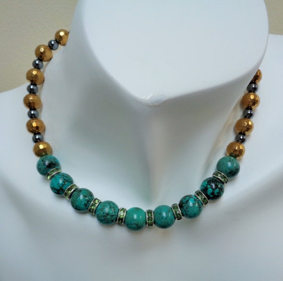 Teal Green Gold Black Hematite Choker Necklace , Fern Green Beaded Necklace, Semi-precious Stone Necklace, Fashion Jewelry, Women Accesories