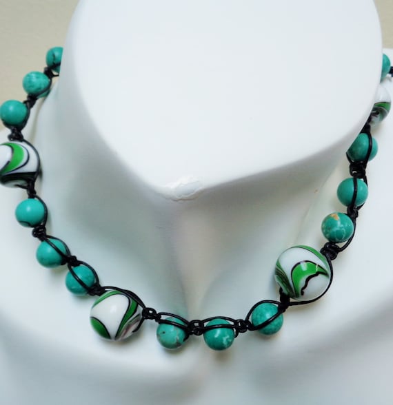 Tribal Turquoise Choker Necklace - 15" Shamballa Style Macrame Choker Necklace, Statement Choker Necklace, Knotted Choker, by lanesamarie