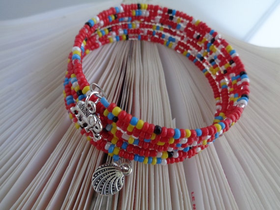 Rasta Color Seed Beads Memory Wire Bracelet, Silver Elephant Charm Bracelet, Multi Colored Bracelet, Multi strand Bracelet, Fashion Jewelry