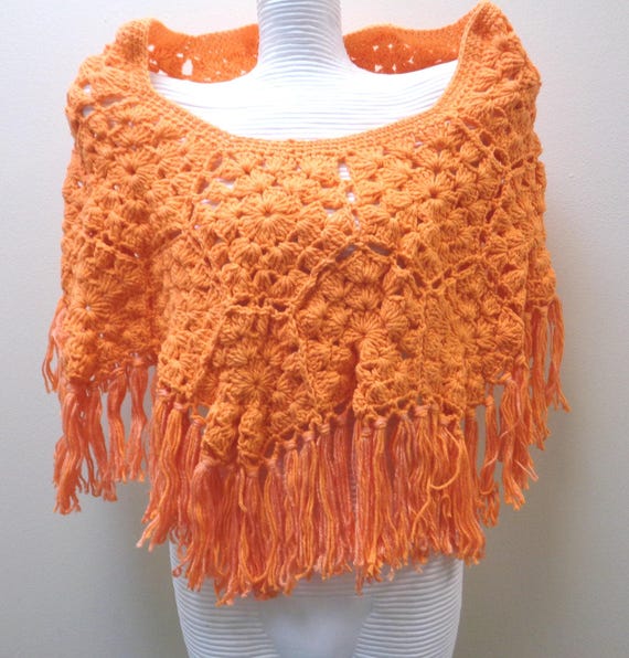 La Nesamarie Crochet Fringe Poncho – Handmade Bright Orange Shawl – Boho Festival Layer – Romantic Statement Wrap Gift for Her