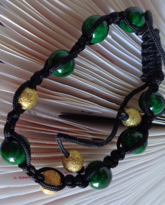 Dark Green Jade Shambhala Bracelet - Gold Brass Stardust Shambhala Bracelet - Fashion Bracelet - Sliding knot Bracelet - by lanesamarie