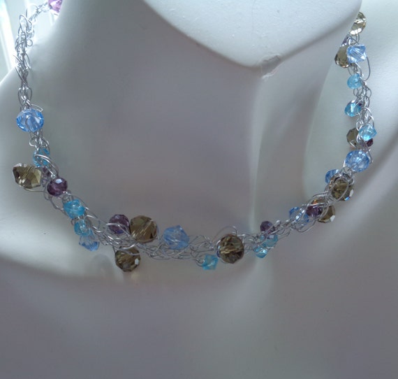 Assorted Crystals in Platinum Wire Crochet Choker Necklace, Blue Olive Amethyst Rondelle Crystals Choker Necklace, Tonal Blue Bicone Choker