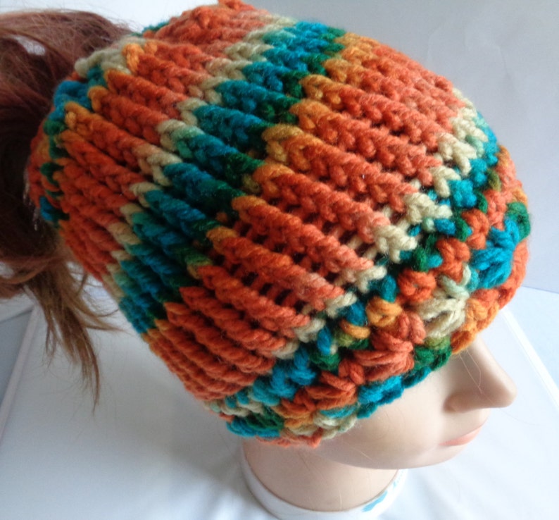Chunky Messy Bun Beanie Hat Loom knit Ponytail Beanie Hat ...