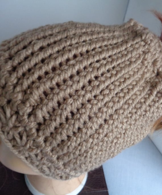 Messy Bun Hat, Ponytail crochet hat, Knit Headdress, Cold Weather Beanie Hat, Skull Headwarmer, Winter beanie hat, Honey Beige Messy bun hat