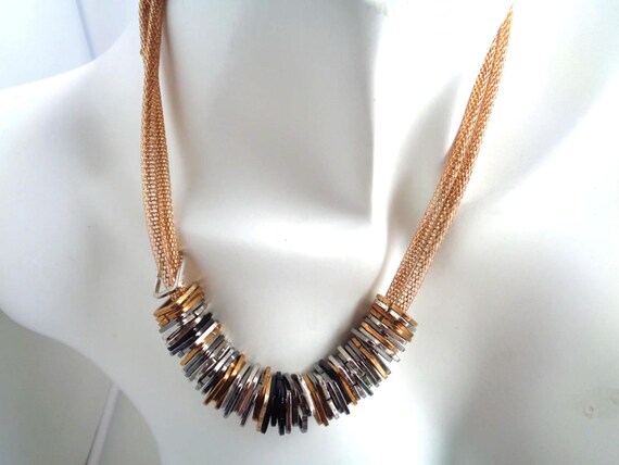 Square Ring Metal Beads Bib Statement Necklace  Two Strands Snake Chain, High Fashion Metal Necklace, Geometric Necklace, Trendy Necklace