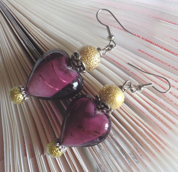 Handmade Heart Shape Lampworked Earrings - Gold and Violet Stacked Earrings -  Drop and Dangle Earrings - Fashion Jewelry - Gift for her