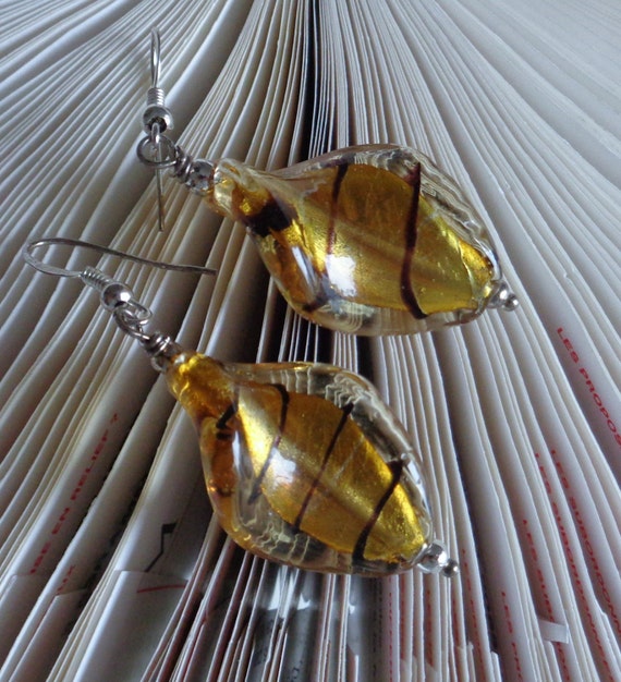 Gold Twisted Lampworked Earrings - Gold and Clear Glass Earrings - Leaf like Glass Beaded Earrings - Swirl Stacked Earrings - by lanesamarie