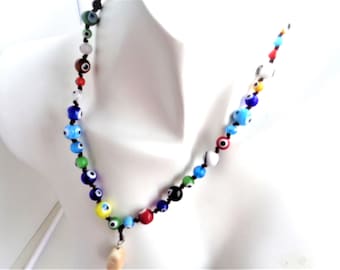 Handmade Evil Eye Necklace: Colorful Glass Beads, Stone Pendant