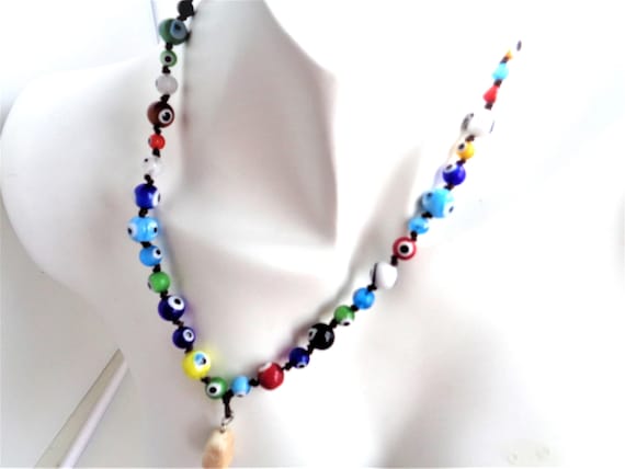 Evil Eye Beaded Necklace – Knotted Nylon Cord – Colorful Glass Beads with Stone Pendant – Handmade Spiritual Jewelry Gift
