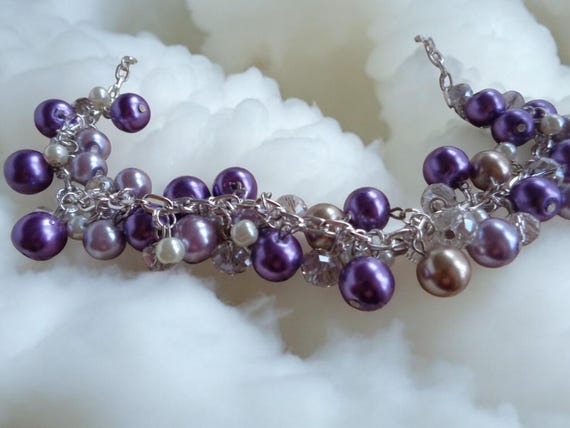 Tonal Purple Pearl n' Crystal Beads Jewelry Set, Purple Bib Necklace, Long Earrings, Statement Necklace, Brides Jewelry, Wedding accessories