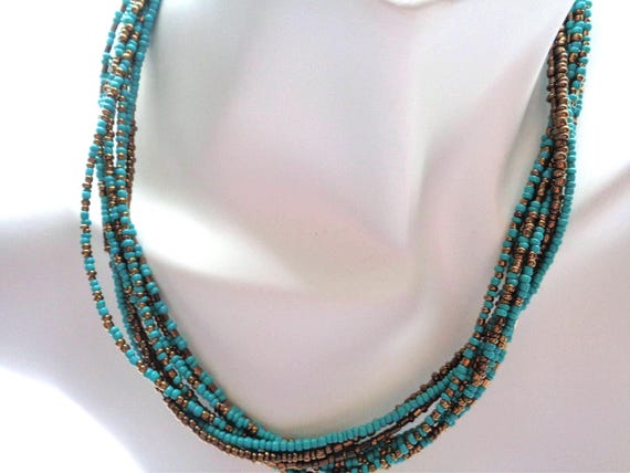 Bohemian Style Turquoise and Bronze Beaded Necklace- Elegant Multistrand Seed Beads Necklace - Turquoise Jewelry -Gift for Her -La Nesamarie
