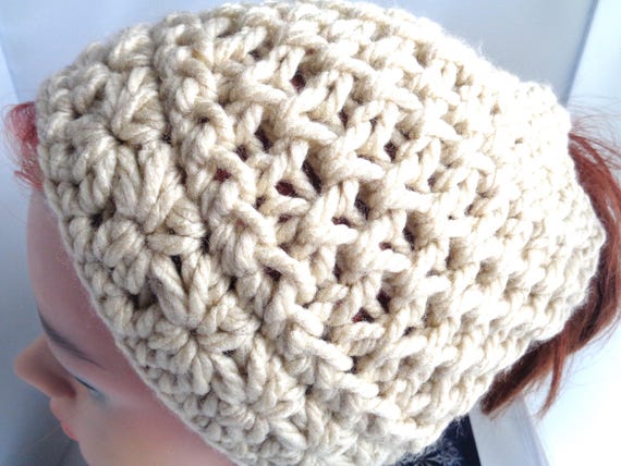 Beige Vegan Ponytail Crochet Beanie Hat, Loom Knit Crochet Beige Toque, Beige Head Warmer, Knit Skull dress warmer, Cold Weather Accessory.