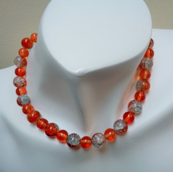 Hot Orange Crackle Beads Jewelry Set - Choker Necklace - Blueish Orange Beaded Jewelry Set - Hot Orange Stretch Bracelet - by lanesamarie