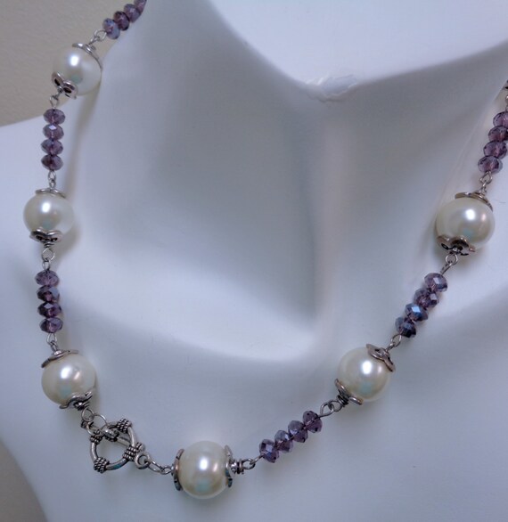 Smokey Pearl Necklace - Cream Glass Pearl Statement Necklace -Smokey Swarovski Briolette Necklace - Beaded Stacked Necklace - by lanesamarie