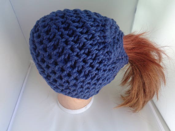 Faded Denim Messy Bun Beanie Hat, Crochet Knit Bun Hat, Lady's Ponytail Hat, Knit Messy Bun Hat For Her, Messy Bun Hat, Ponytail Crochet Hat