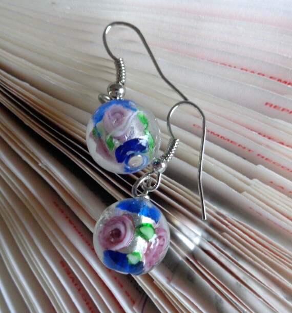 Rose Lampworked Earrings - Blue with Pink Green Silver Foil Encased Rose Lampworked Glass Bead Drop Earring - Dangle Earring -by lanesamarie