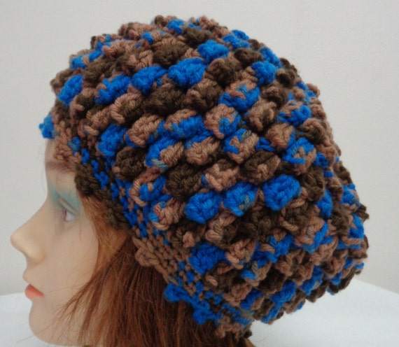Crochet Popcorn Multicolor Beanie Hat - Brown Beige Blue Hat - Variegated Women's Hat - Crocheted Skull Cap -  Chapeau - by lanesamarie