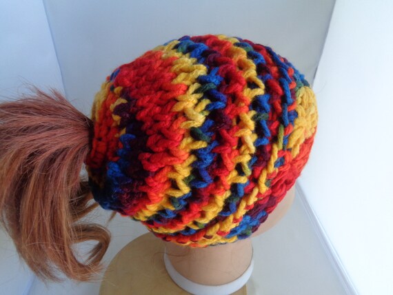 Fire Engine Red Messy Bun Hat, Fire Men Ponytail Beanie Hat, Unisex Messy Bun Beanie Hat, Messy Bun Hat, Unisex Accessories, Winter Touque