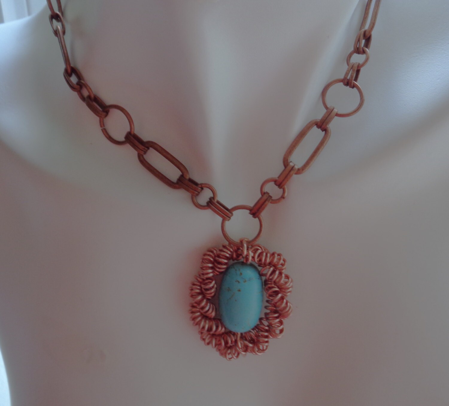 Coiled Copper Turquoise Pendant Choker Necklace, Copper Turquoise