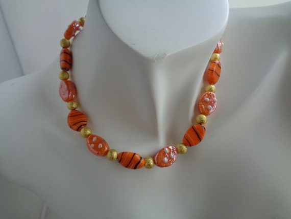 Eye Caching Flat Oval Jewelry set, Orange Black Swirl Teardrop Necklace and Earring Set, Gold Stardust Jewelry Set,