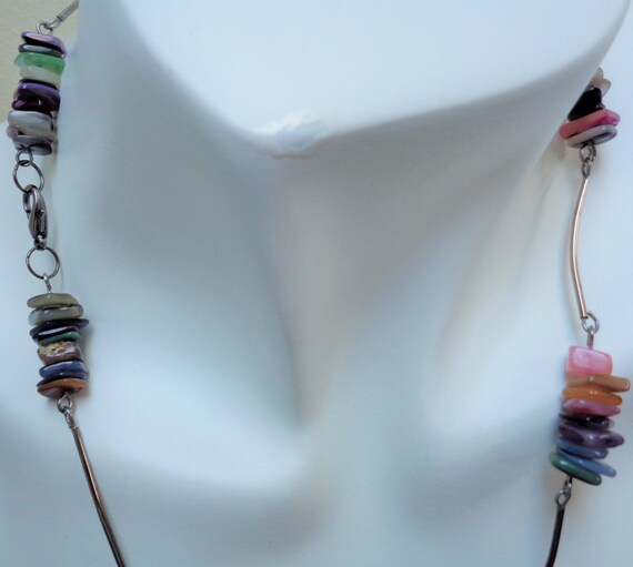 Platinum Tube and Shell Chip Necklace and Earrings - Multicolored Shell Chips Jewelry Set - Beaded Necklace and Earrings - by lanesamarie