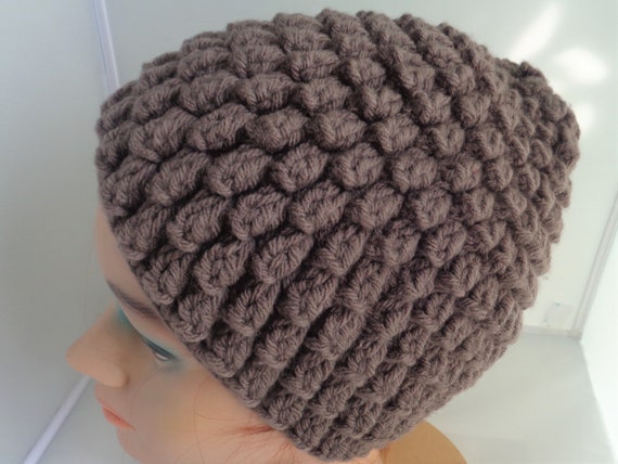 Popcorn Honey Brown Beanie Hat, Brown Blue Hat, Bohemian Slouchy Hat, Head warmer, Women's Hat, Crocheted Beanie, Skull dress, Chapeau