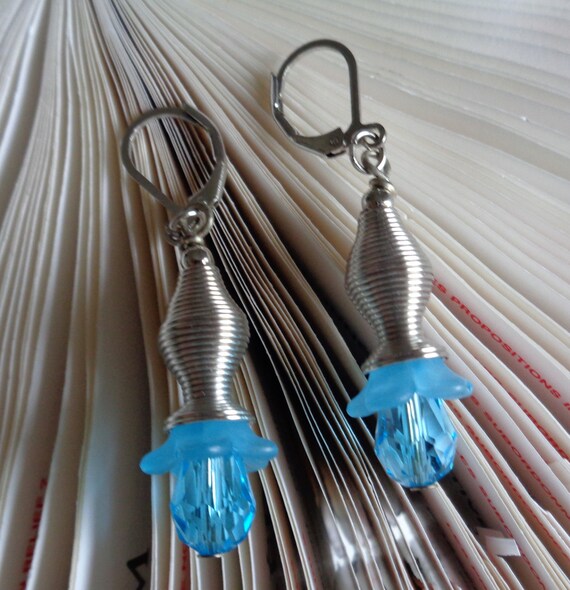 Platinum Spiral Earrings – Pale Azure Teardrop Crystals – Handmade Jewelry – Elegant Gift for Women – Unique Statement Accessories