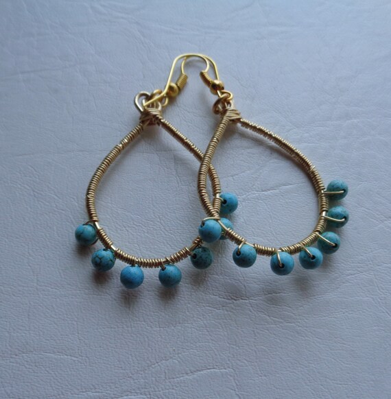 Gold Turquoise Wrapped Hoops Earring, Metal Wire Drop Earrings, Wire Wrap Dangle Earring , Circular Wire Earrings, Ladies Wrapped Earrings